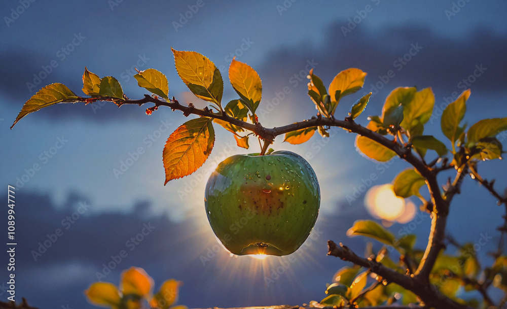 Poster a green apple is hanging from a tree branch. the sun is shining on the apple, making it look like it
