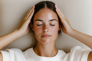 Naklejka premium a young woman practicing mindful scalp massage