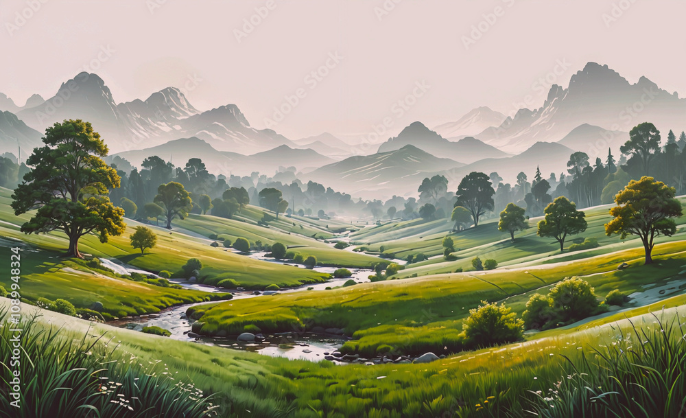 Aufkleber A beautiful landscape with a river running through it. The mountains in the background are covered in trees and the sky is cloudy. The scene is peaceful and serene