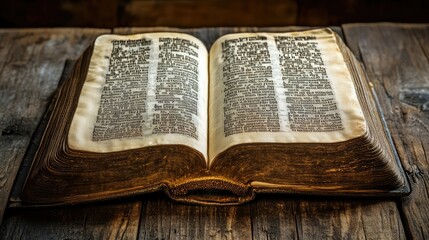 Obraz premium Ethiopian Bible Open on Wooden Table with Detailed Pages, Highlighting Ancient Texts and Cultural Significance, Ideal for Religious and Historical Themes