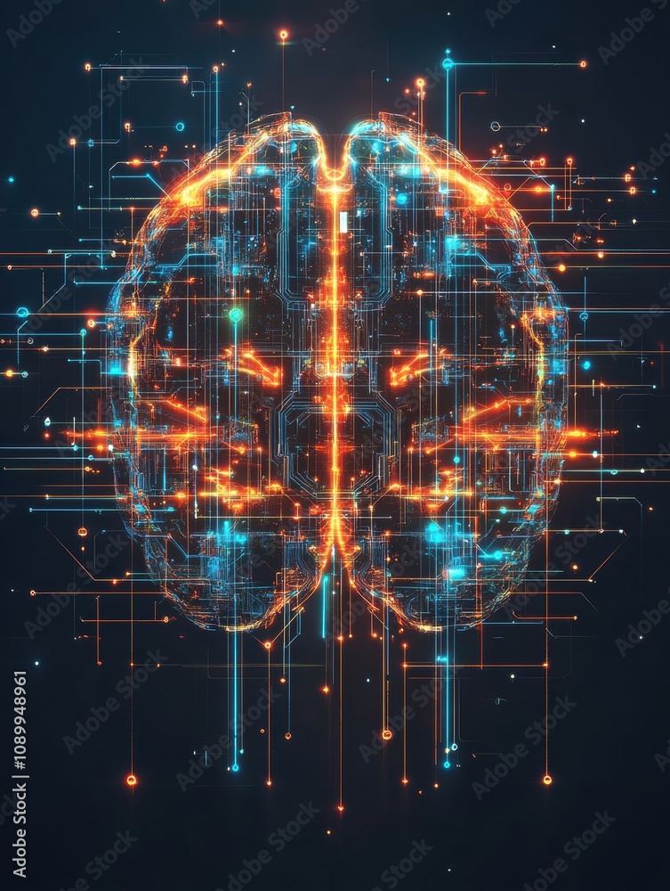 Aufkleber A vibrant digital brain visualized with intricate circuitry and connections, glowing in bright orange and blue against a dark backdrop. Generative AI