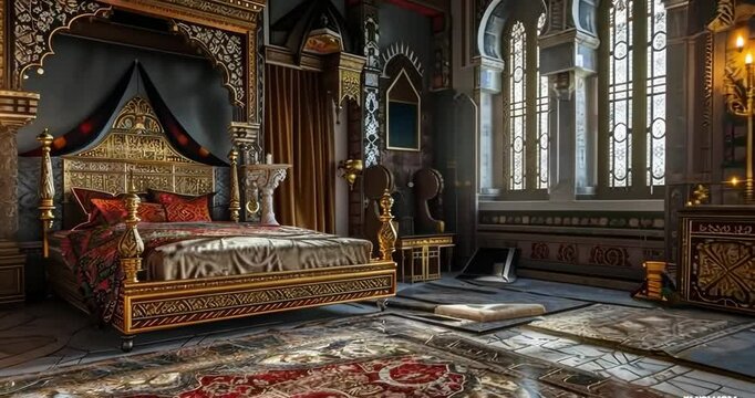 Grand medieval prince's room with an intricately designed bed and luxurious textiles, 4K Video