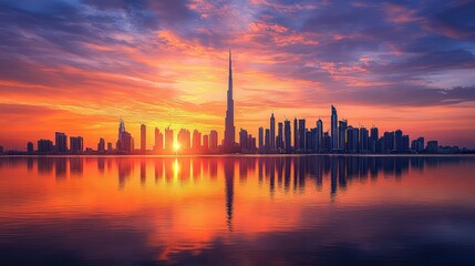 Naklejka premium Breathtaking Sunrise Over Modern City Skyline with Reflections on Water, Captivating Colors and Vibrant Atmosphere in High Resolution Format