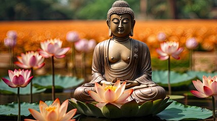 Fototapeta premium Buddha statue water lotus Buddha standing on lotus flower on orange background, copy space for text, ai