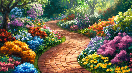 Fototapeta premium A winding brick path leading through a vibrant garden, bursting with an explosion of colorful blooms, creating a serene and captivating landscape. Floral Explosion Burst. Illustration