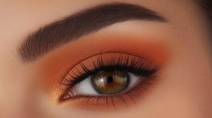 Obraz premium Close-Up of Beautiful Woman's Eye with Orange Eyeshadow and Long Black Eyelashes, Showcasing Intricate Details and Stunning Colors in Makeup Artistry