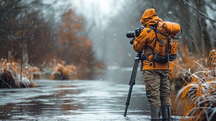 Naklejka premium A surveyor measuring water levels and contour lines near a riverbank, wearing safety gear and using surveying instruments.