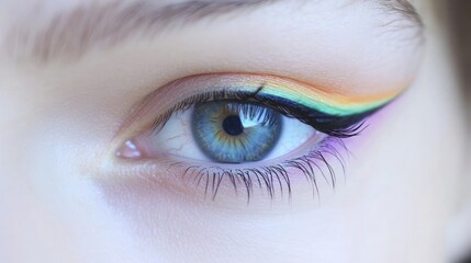Obraz premium Close-Up of a Detailed Eye with Vibrant Rainbow Eyeliner Artistry Showcasing Stunning Colors and Textures for Makeup and Beauty Enthusiasts