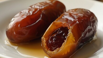 Two glossy dates with their dark shiny flesh visible, perfect for food and healthrelated designs needing a touch of elegance and simplicity.