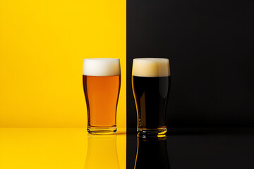 Tasting large beers bar setting beverage photography yellow and black background artistic display aesthetic contrast