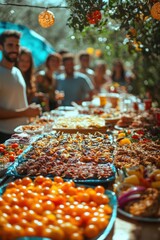Many people standing around a table full of food