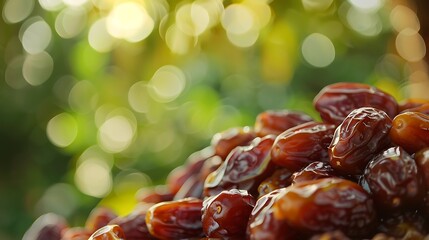 Pile of dates with green bokeh background, perfect food photography for food blogs, restaurants, health and wellness social media posts.