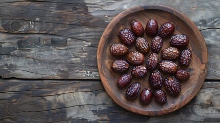 Wooden plate with dark dates arranged on aged wood, perfect for food and recipe content. Culinary blogs, social media posts.