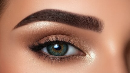 Obraz premium Close-up of a beautifully made-up eye showcasing striking blue-green iris, defined brows, and expertly applied makeup with shimmering highlights and soft focus background.