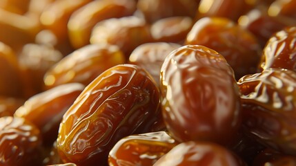 Closeup of many shiny brown delicious dates. Perfect for food blogs, recipe websites, health magazines, and ramadanthemed designs. Rich colors and textures.