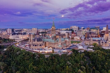 Parliament of Canada and downtown Ottawa at night, Ontario, Canada.