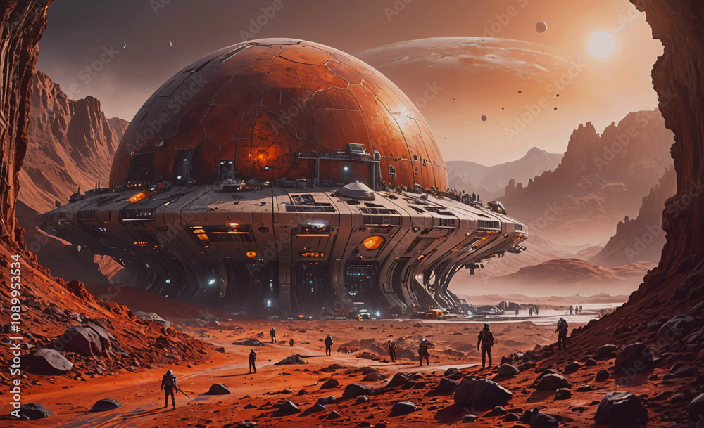 Poster A group of people are walking through a desert with a large red dome in the background. The dome is surrounded by a lot of rocks and the sky is orange. Scene is mysterious and adventurous