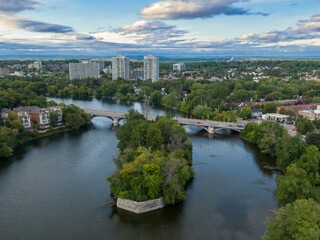 Traffic on the Cummings Bridge crossing the Rideau River, Ottawa, Ontario, Canada.