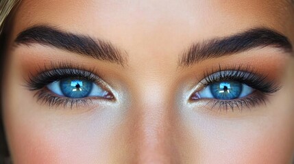 Obraz premium Close-Up Portrait of a Person with Striking Blue Eyes and Defined Eyebrows, Highlighting Natural Beauty and Expressiveness in Soft Lighting
