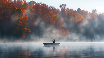 Fototapeta premium A serene scene of a lone fisherman in a boat surrounded by misty water and vibrant autumn foliage.