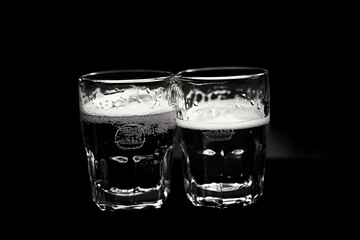 Clinking glasses of small beers bar beverage photography black and white close-up aofthanit concept