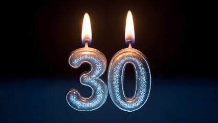 Silver Glitter "30" Birthday Candles Lit with Warm Flames Against a Dark Blue Background