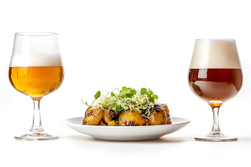 Naklejka premium Enjoying small beers with delicious dish white background food photography minimalist style culinary experience