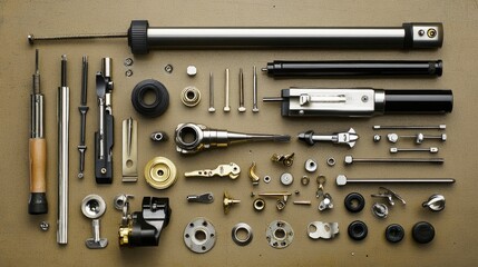 Obraz premium Detailed Arrangement of Various Industrial Tools and Components on a Workbench Surface for Technical and Mechanical Assembly Background Use