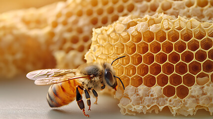 Magnified golden honeycomb structure, showing intricate geometric purity and natural brilliance under soft light, selective focus on foreground, copy space for text, ultra HD, 