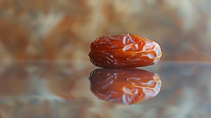 Single glossy brown date with reflection below. Perfect for food blogs, recipe websites, and organic product advertisements. Great for summerthemed designs.