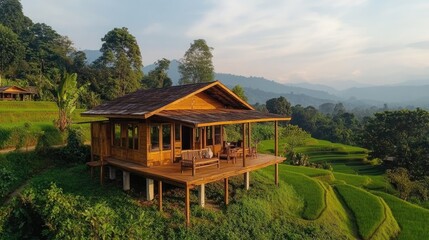 Fototapeta premium Serene Wooden House Overlooking Lush Green Rice Terraces Amidst Mountains and Nature's Beauty at Sunrise