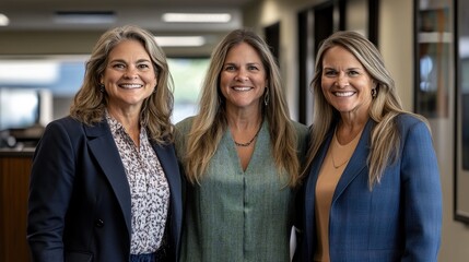 Fototapeta premium Professional Women Smiling Together in Modern Office Environment Showcasing Confidence, Camaraderie, and Team Spirit in a Collaborative Work Space