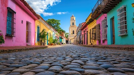 Fototapeta premium High-Quality Stock Photo of Historic Cobblestone Street with Colorful Buildings and Towering Church in Background Under Bright Blue Sky