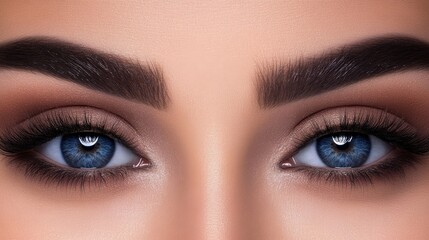 Fototapeta premium Close-Up Portrait of Stunning Blue Eyes with Perfect Eyebrows and Flawless Makeup, Emphasizing Natural Beauty and Expressive Features in Soft Lighting