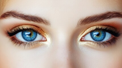 Obraz premium Captivating Close-Up of Stunning Blue Eyes with Sparkling Makeup and Golden Accents, Highlighting Natural Beauty and Expressive Emotion in a Soft Focus