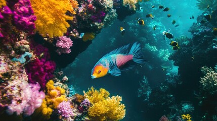 Obraz premium Vibrant Coral Reef Ecosystem with Colorful Fish Swimming Amidst Bright Coral and Marine Life Underwater in Tropical Ocean Environment