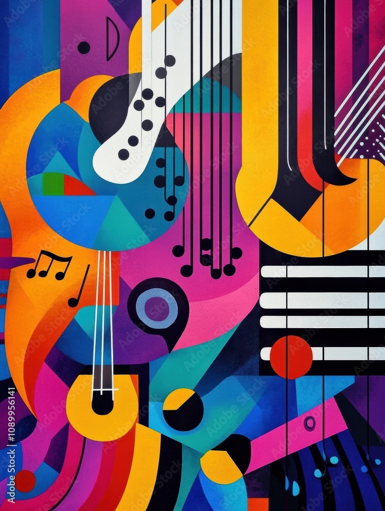Aufkleber colorful abstract representation of sound waves, musical notes, and instruments blends dynamic shape