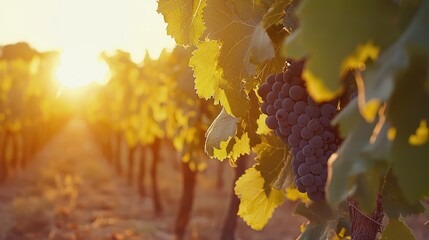Picturesque Vineyard Landscape Under Golden Sunset Light with Lush Green Leaves and Ripe Grapes Perfect for Capturing the Essence of Wine Country Aesthetic and Natural Beauty