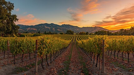 Obraz premium Vibrant Vineyard at Sunset: A Picturesque Scene of Rolling Hills and Lush Grapevines Under a Colorful Sky