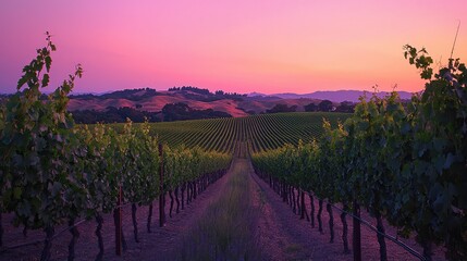 Fototapeta premium Breathtaking Vineyard Landscape at Sunset with Vibrant Colors and Lush Green Rows of Grapevines Stretching to the Horizon