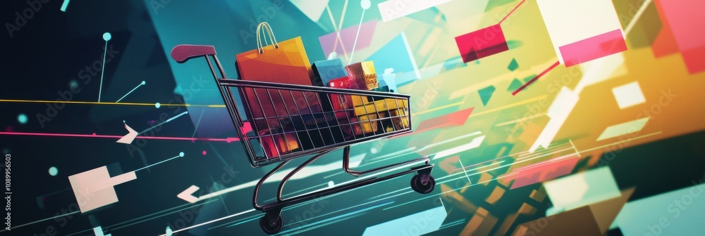 Poster a shopping cart crafted from geometric shapes is filled with various colorful packages, set against 