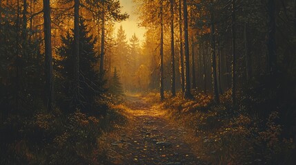 Fototapeta premium Serene Forest Path Bathed in Golden Light, Capturing the Tranquility of Nature with Vibrant Autumn Colors and a Peaceful Atmosphere for Relaxation and Reflection