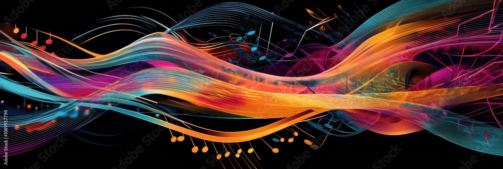 Aufkleber captivating visual displays sound waves, musical notes, and instruments flowing together in vivid co