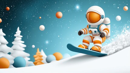 Fototapeta premium Astronaut Snowboarding Down a Winter Hill