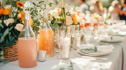 Elegant and Stylish Wedding Reception Table Setting with Beautiful Floral Arrangements and Refreshing Beverages in a Bright Outdoor Venue