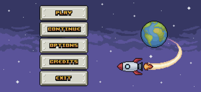 Space game home menu with ship and metal buttons in pixel art and 8-bit style
