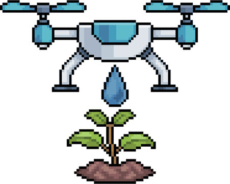 Pixel art drone watering plant in 8-bit style on white background