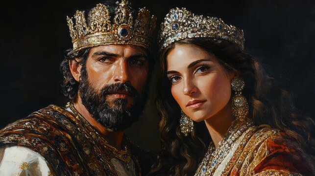 Majestic Portrait of King Solomon and the Queen of Sheba, Capturing the Regal Essence and Timeless Beauty of Their Legendary Love and Wisdom