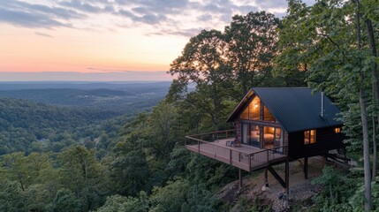 Cozy Mountain Cabin with Panoramic View of Sunset Over Valley Surrounded by Lush Forest and Serenity Ideal for Nature Lovers and Relaxation Retreat