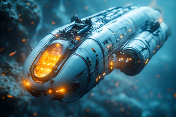 A futuristic underwater research vehicle equipped with robotic arms and sensors, exploring the ocean floor and surrounded by marine life, highlighting advanced ocean technology.

